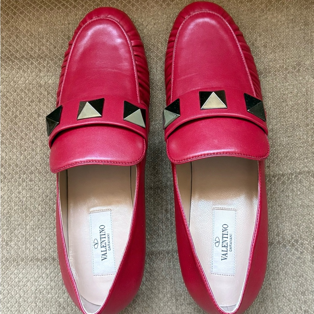 Authentic almost new Valentino red leather loafers with dk silver gray Studs